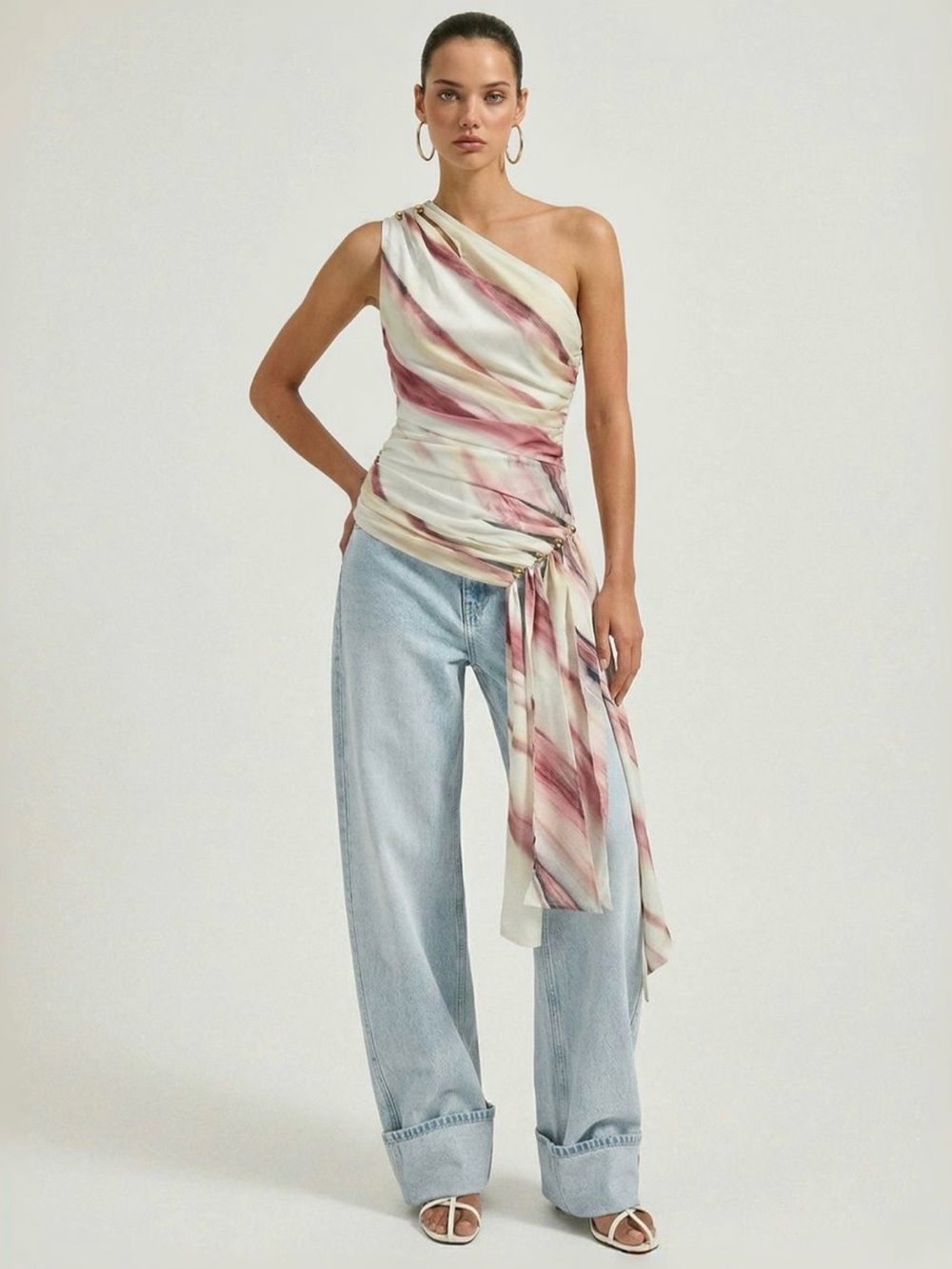 Commense One-Shoulder Brushstroke Top in Pink and Cream